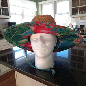 Tropical Flower & Flamingo Underbrim Straw Beach Sun Hat w/Tie